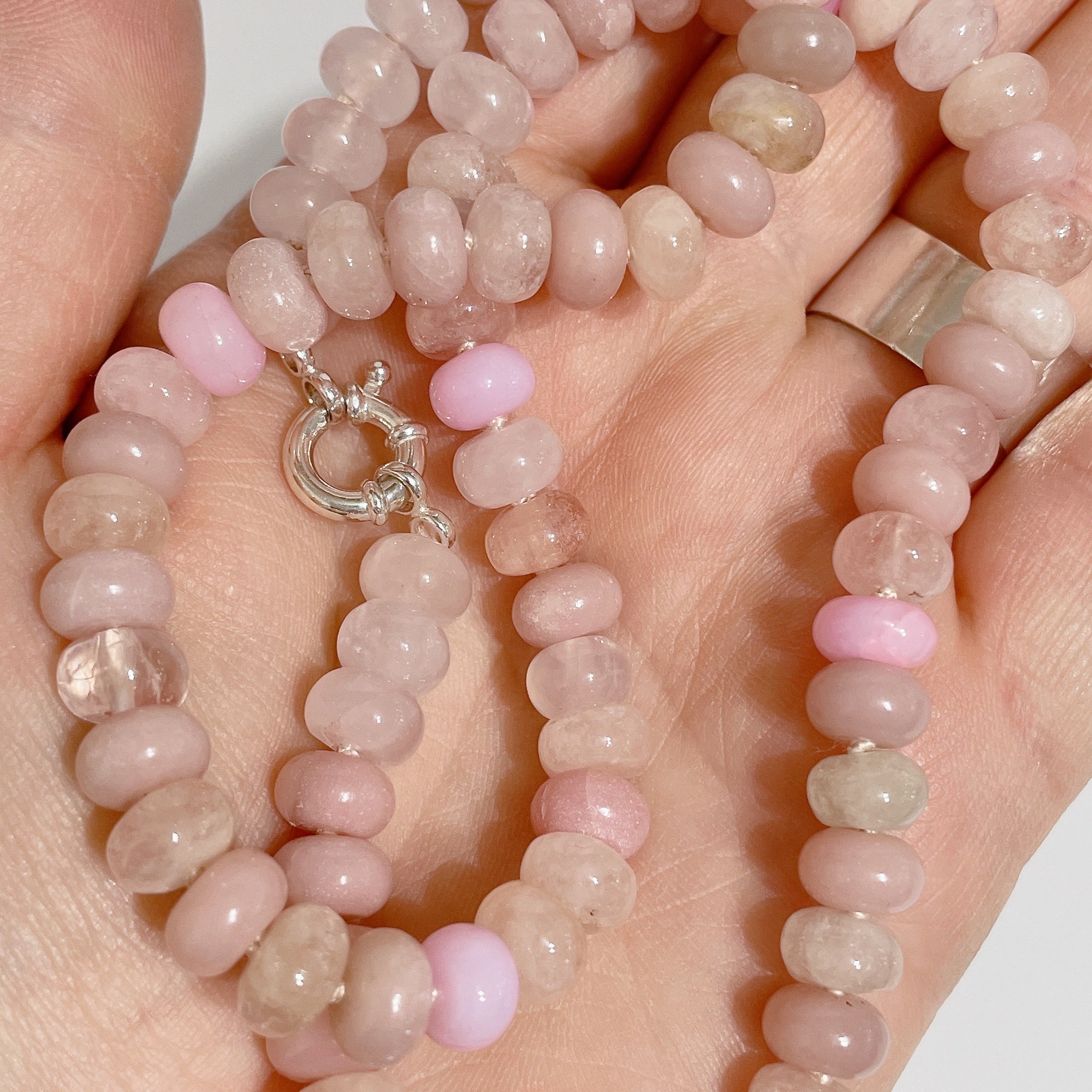 'NEW' PINK CASHMERE Beaded Gemstone Necklace with Pink Silk Thread | Silver | 19" | ONE OF A KIND