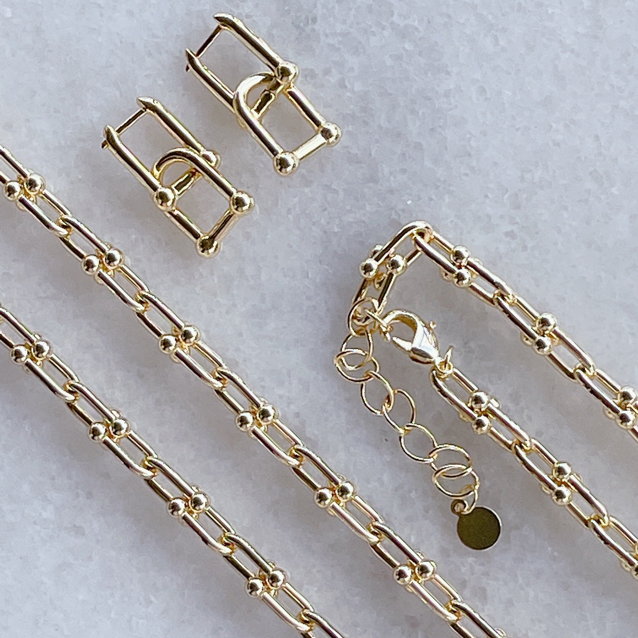 3PCE BOLD Link Bracelet Earrings Necklace Set | Gold