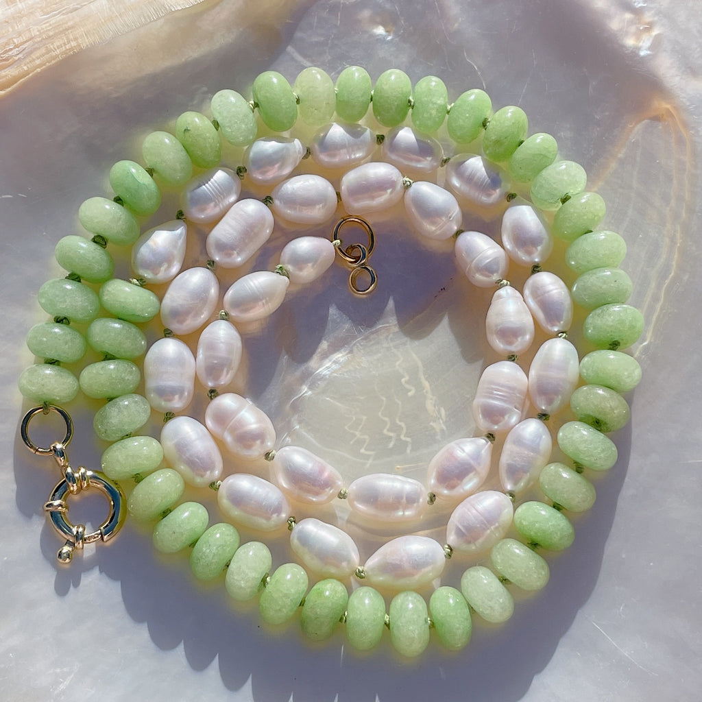 SPRING GREEN Pearl & Gemstone Beaded Necklace | Gold | 24" | ONE OF A KIND