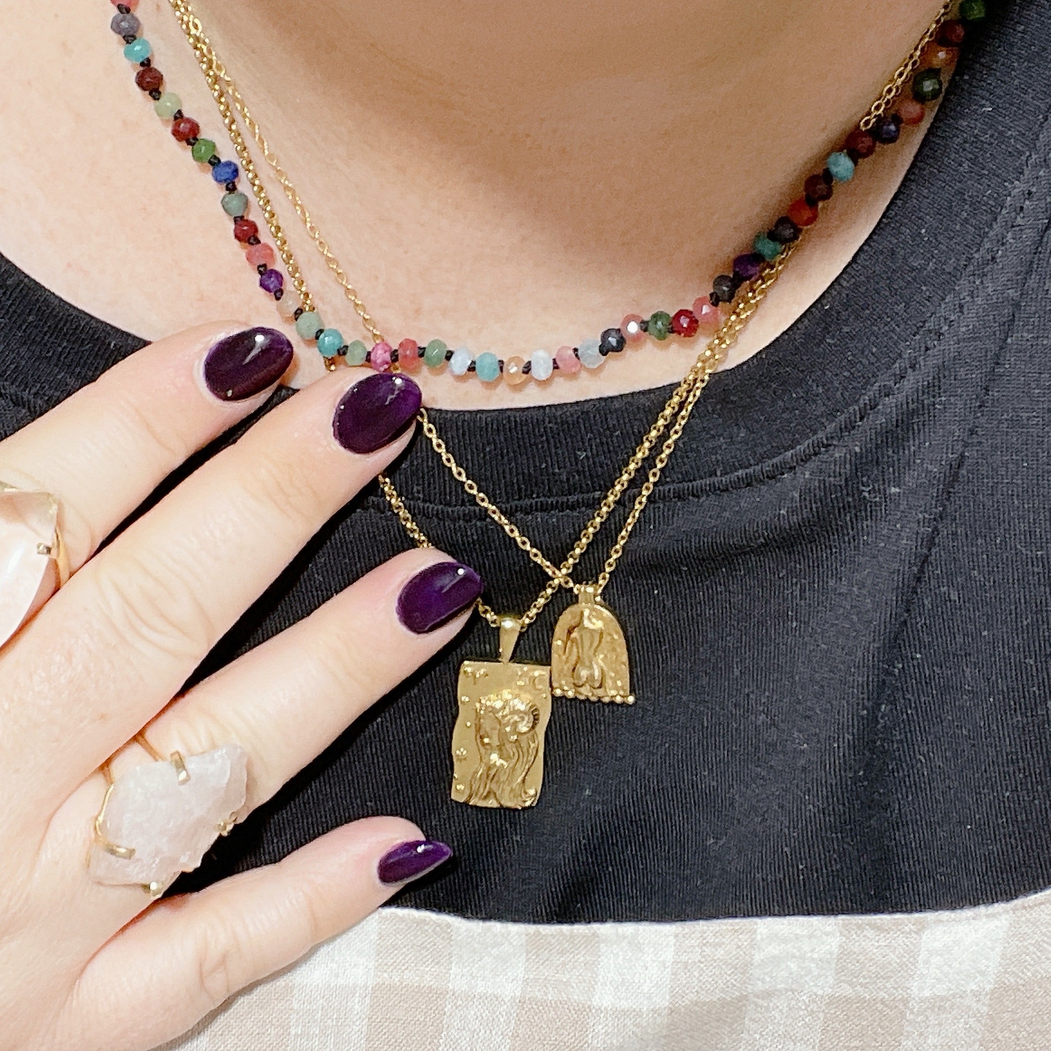 'NEW' RAINBOW Mini Beaded Gemstone Necklace with Black Silk Thread | Gold | ONE OF A KIND